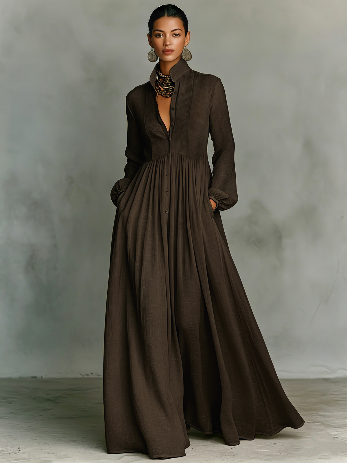 Women's Minimalist Cotton And Linen Patchwork Single-breasted Stand-up Collar Long-sleeved Maxi Dress MDA0658K6Y